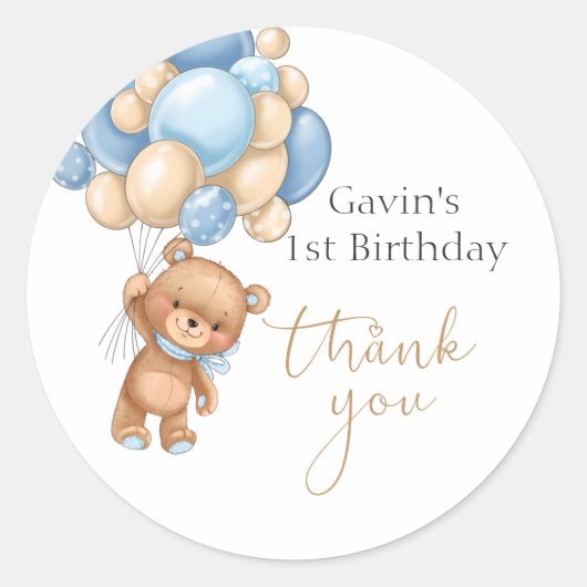 Teddy Bear Blue Balloons Verjaardag Bedankt Ronde Sticker (Voorkant)