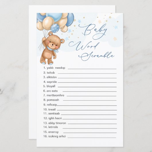 Teddy Bear Blue Balloons Word Scramble Game (Voorkant / Achterkant)