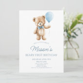 Teddy Bear Blue Beary First 1st Birthday Party Kaart (Staand voorkant)