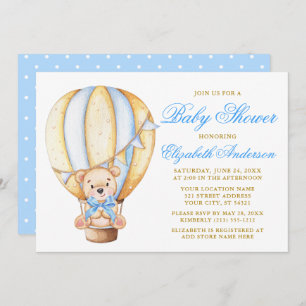 Teddy Bear Blue Bow Air Ballon Stippen Baby shower Kaart