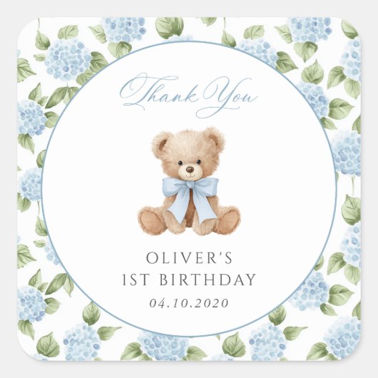 Teddy Bear, Blue Bow, Blue Flowers, First Birthday Vierkante Sticker (Voorkant)