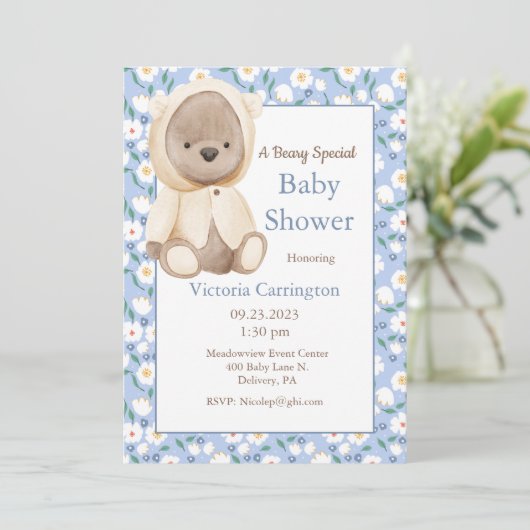 Teddy Bear Blue Boy Baby shower Kaart (Staand voorkant)