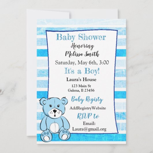 Teddy Bear Blue Boy Baby Shower Uitnodigingen (Voorkant)