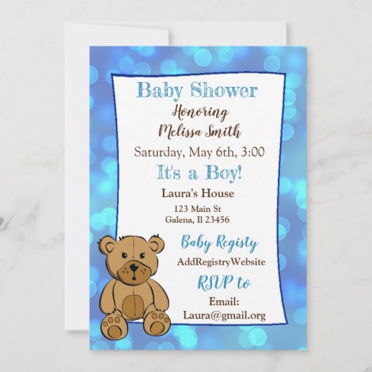 Teddy Bear Blue Boy Baby Shower Uitnodigingen (Voorkant)