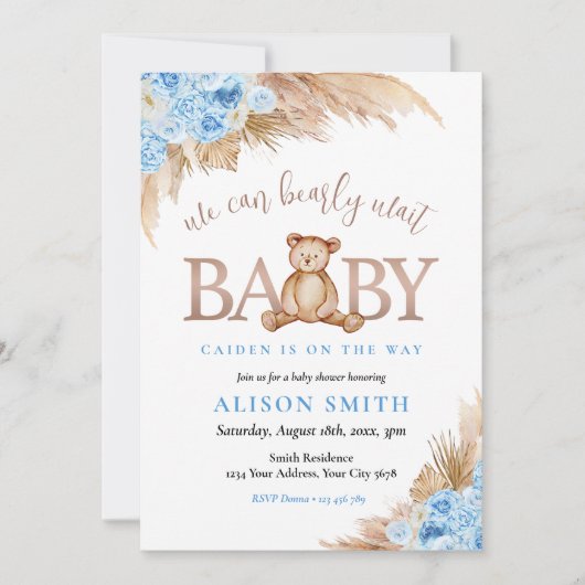 Teddy Bear Blue Boy Barly Wachten Baby shower Kaart (Voorkant)