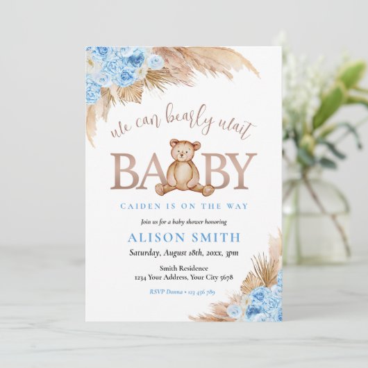 Teddy Bear Blue Boy Barly Wachten Baby shower Kaart (Staand voorkant)