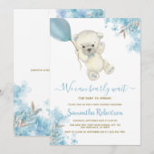 Teddy Bear Blue Floral Balloon Boy Baby shower Kaart (Voorkant / Achterkant)