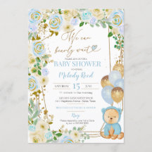 Teddy Bear Blue Floral Balloons Boy Baby shower