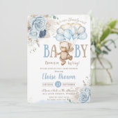 Teddy Bear Blue Floral Pampas Grass Baby shower Kaart (Staand voorkant)