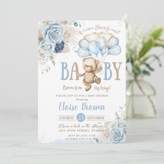 Teddy Bear Blue Floral Pampas Grass Baby shower Kaart (Staand voorkant)