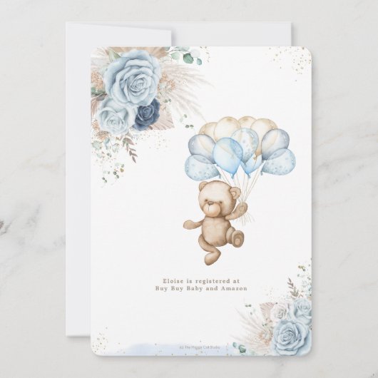 Teddy Bear Blue Floral Pampas Grass Baby shower Kaart (Achterkant)