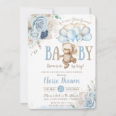 Teddy Bear Blue Floral Pampas Grass Baby shower Kaart (Voorkant)