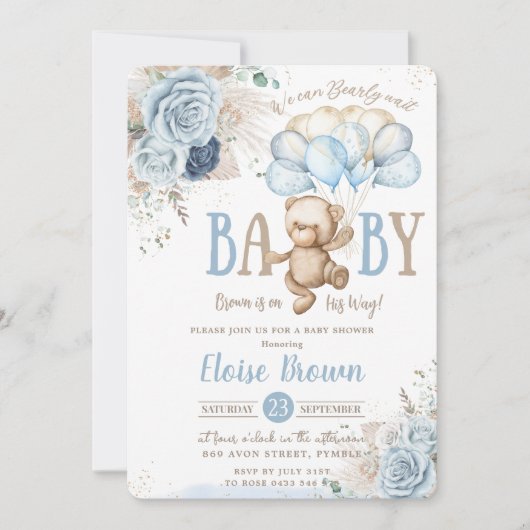 Teddy Bear Blue Floral Pampas Grass Baby shower Kaart (Voorkant)