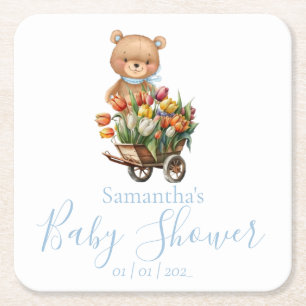 Teddy Bear Blue Floral Rustic Baby shower Kartonnen Onderzetters