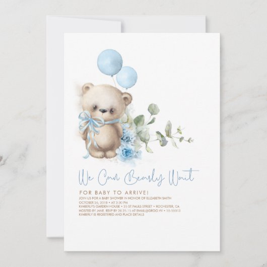 Teddy Bear Blue Flowers en Greenery Baby shower Kaart (Voorkant)