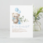 Teddy Bear Blue Flowers en Greenery Baby shower Kaart (Staand voorkant)