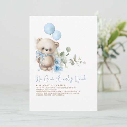 Teddy Bear Blue Flowers en Greenery Baby shower Kaart (Staand voorkant)