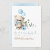 Teddy Bear Blue Flowers en Greenery Baby shower Kaart (Voorkant / Achterkant)