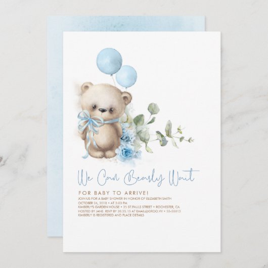 Teddy Bear Blue Flowers en Greenery Baby shower Kaart (Voorkant / Achterkant)