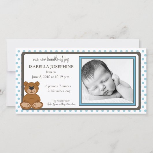Teddy Bear Blue Gepersonaliseerd geboorte Aankondiging (Voorkant)