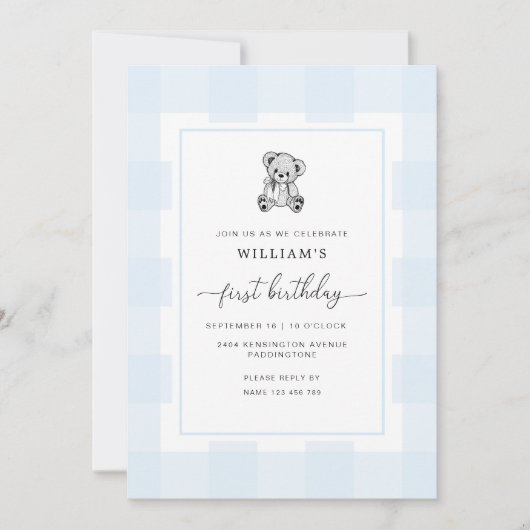 Teddy Bear Blue Gingham 1e verjaardag Uitnodiging (Voorkant)