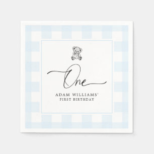 Teddy Bear Blue Gingham 1st Birthday Napkins Servet
