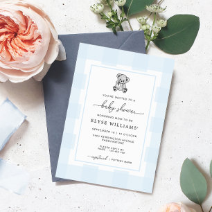 Teddy Bear Blue Gingham Baby shower Invitation Kaart