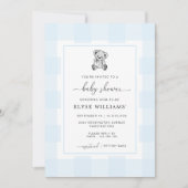 Teddy Bear Blue Gingham Baby shower Invitation Kaart (Voorkant)