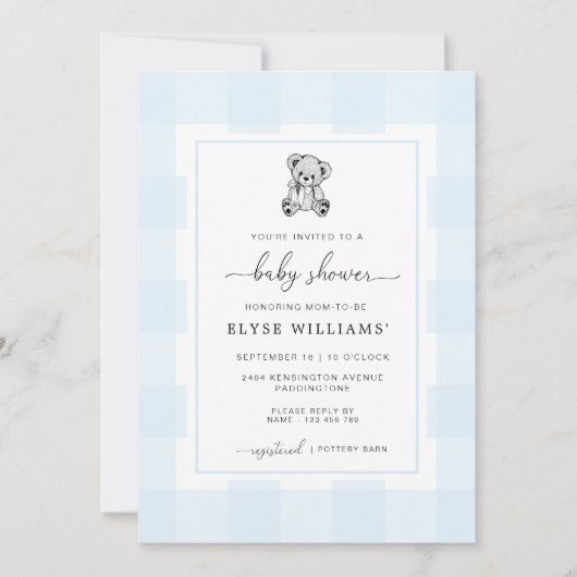 Teddy Bear Blue Gingham Baby shower Invitation Kaart (Voorkant)