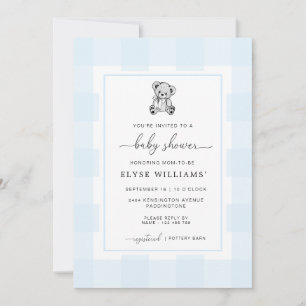 Teddy Bear Blue Gingham Baby shower Invitation Kaart