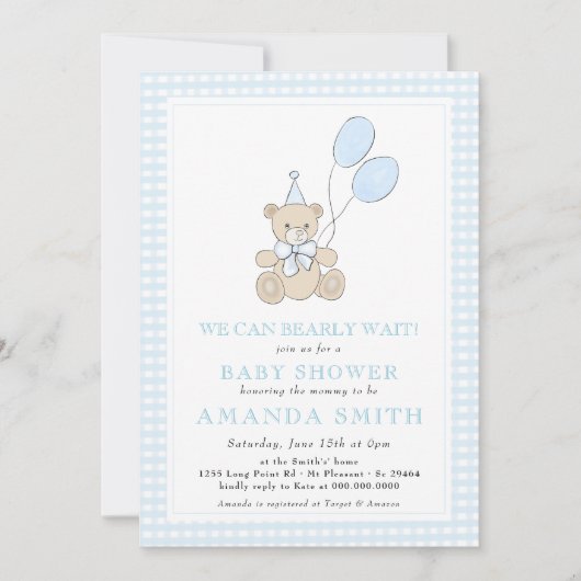 Teddy Bear Blue Gingham Boy Baby shower Kaart (Voorkant)