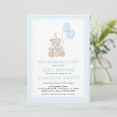 Teddy Bear Blue Gingham Boy Baby shower Kaart (Staand voorkant)