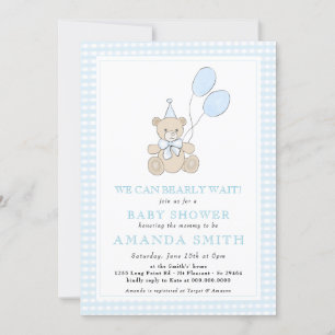 Teddy Bear Blue Gingham Boy Baby shower Kaart