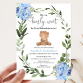 Teddy Bear Blue Greenery floral boy baby shower Kaart