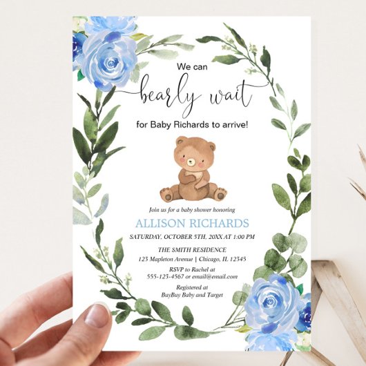 Teddy Bear Blue Greenery floral boy baby shower Kaart
