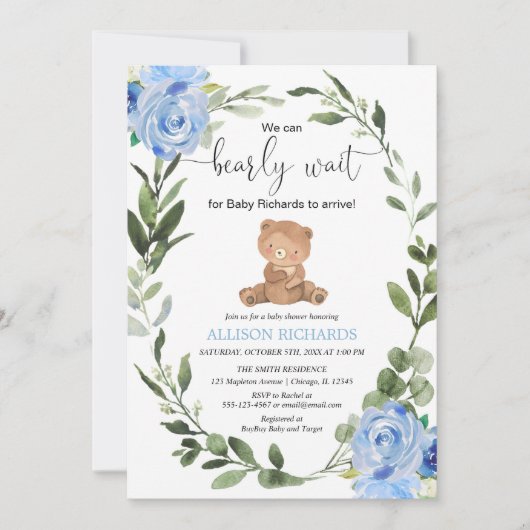 Teddy Bear Blue Greenery floral boy baby shower Kaart (Voorkant)