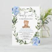Teddy Bear Blue Greenery floral boy baby shower Kaart (Staand voorkant)