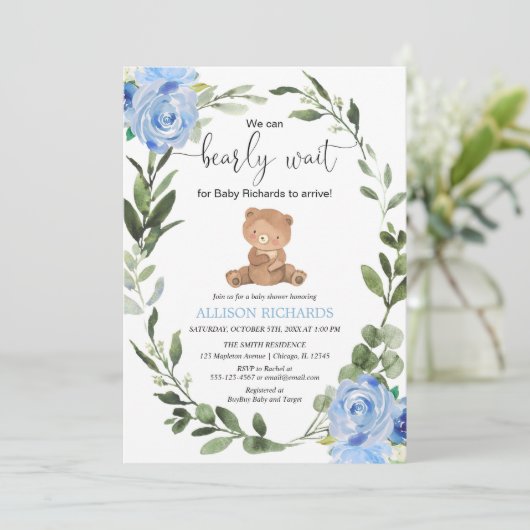 Teddy Bear Blue Greenery floral boy baby shower Kaart (Staand voorkant)