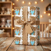 Teddy Bear Blue Heart Wrapping Paper Sheet