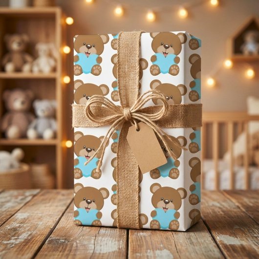 Teddy Bear Blue Heart Wrapping Paper Sheet