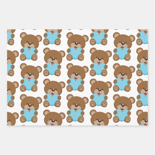Teddy Bear Blue Heart Wrapping Paper Sheet (Voorkant 2)