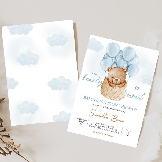 Teddy Bear Blue Hot Air Ballon Baby shower Kaart