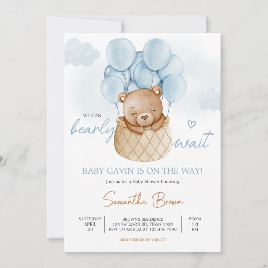 Teddy Bear Blue Hot Air Ballon Baby shower Kaart (Voorkant)