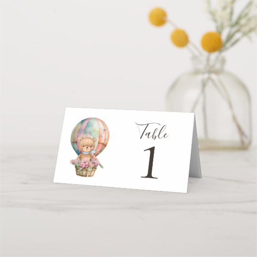 Teddy Bear Blue Hot Air Ballon Place Card Plaatskaartje (Voorkant)