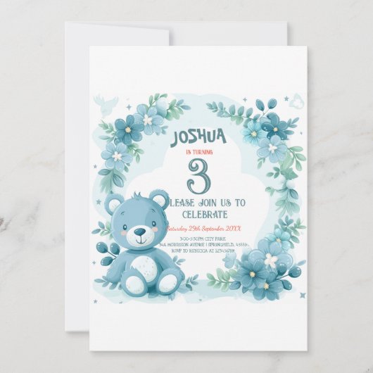 Teddy Bear Blue Kids Verjaardagsfeestje Kaart (Voorkant)