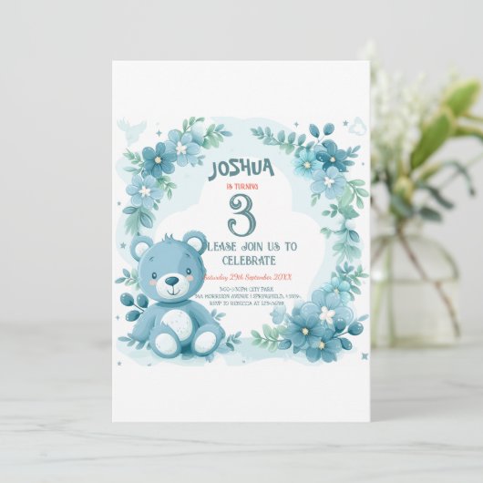 Teddy Bear Blue Kids Verjaardagsfeestje Kaart (Staand voorkant)