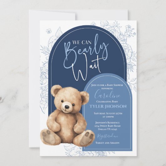 Teddy Bear Blue Minimal Baby Shower Modern Kaart (Voorkant)