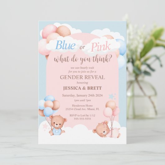 Teddy Bear Blue of Pink Gender onthullen Kaart (Staand voorkant)