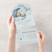 Teddy Bear Blue Over the Moon Baby shower All In One Uitnodiging (Afscheurbaar)