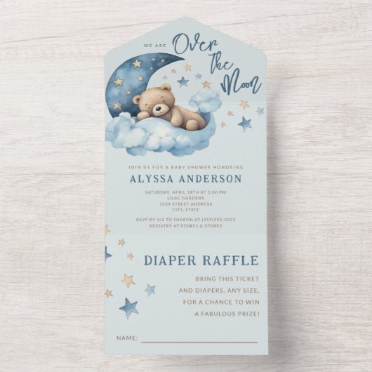 Teddy Bear Blue Over the Moon Baby shower All In One Uitnodiging (Binnen)